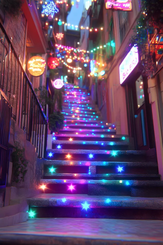 Lighting, Night, Stairs, Neon, Christmas lights