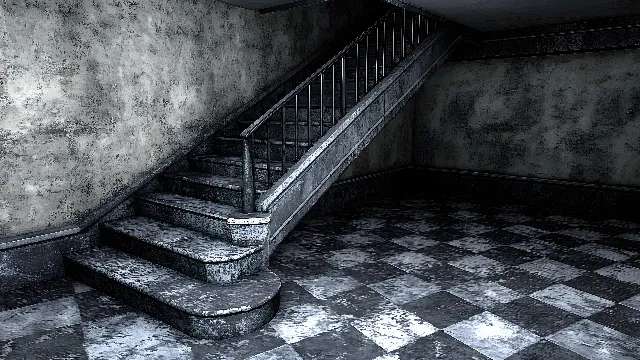 Stairs, White, Floor, Flooring, Monochrome photography, Monochrome, Handrail, Grey, Black and white, Silver, Baluster, Still life photography, Tile, Basement