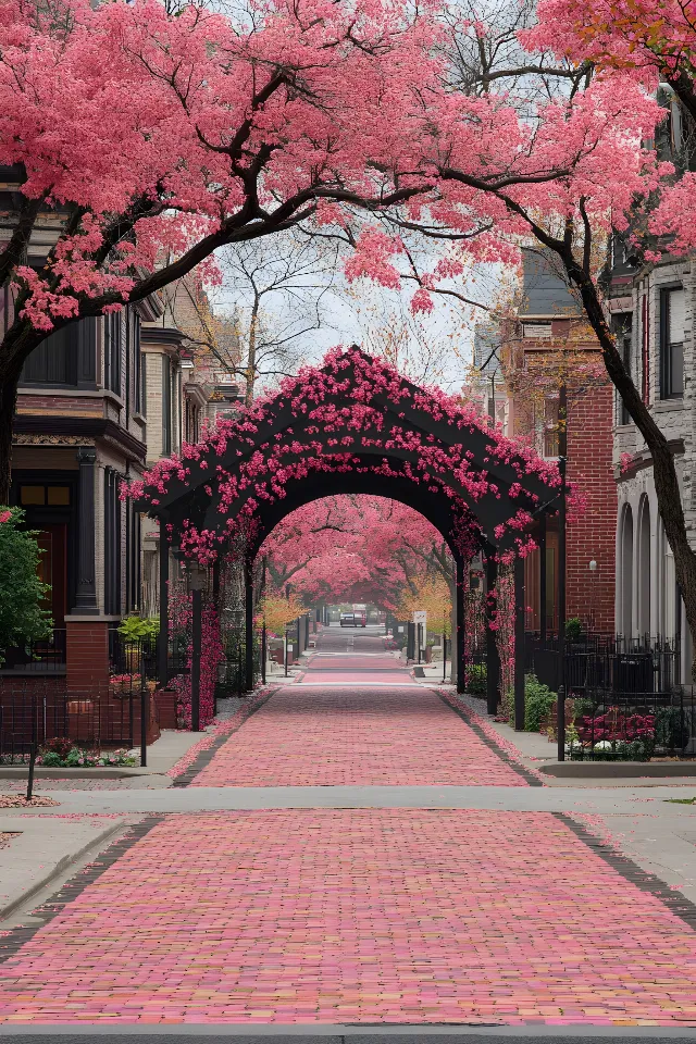 Branch, Pink, Arch, Spring, Sidewalk, Blossom, Walkway, Arcade, Geraniums