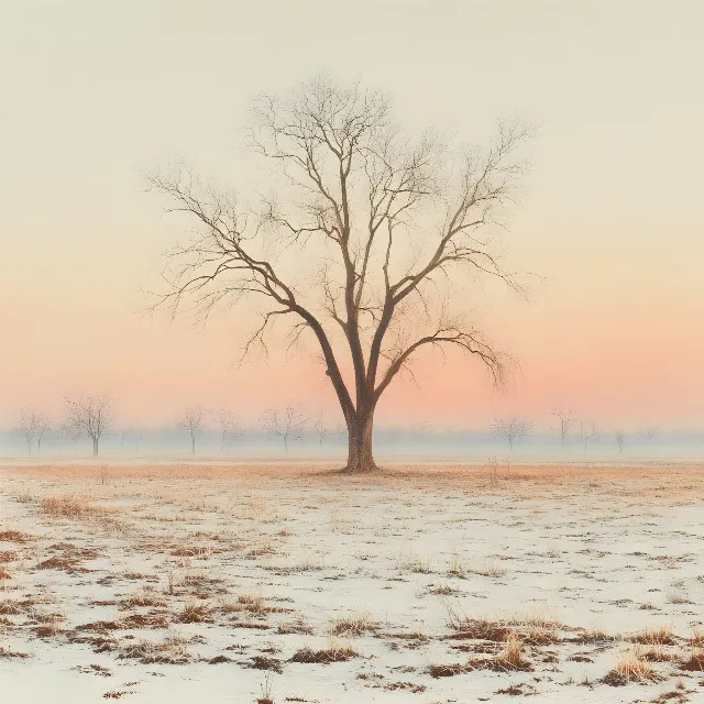 Branch, Nature, Twig, atmospheric phenomenon, Natural landscape, Ecoregion, Winter, Plain, Savanna, Brown, Trunk, Fog, Woody plant, Morning, Sunlight, Mist, Freezing, Evening, Snow, Wind