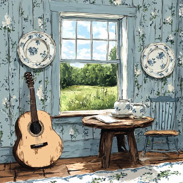 Furniture, Interior design, Chordophone, Musical instrument, Chair, Curtain, Paint, Wallpaper, Plucked string instrument, Guitar, Kitchen & Dining Room Table, Dining room, Stool, Houseplant, Coffee table, Window treatment, String instrument, Folk instrument, Living room, Lamp