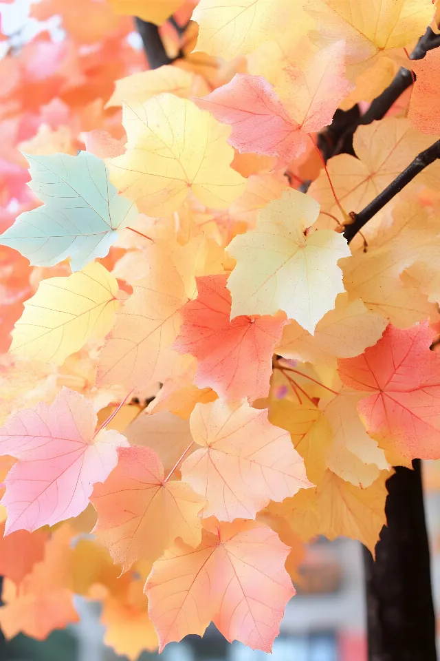 Red, Yellow, Orange, Pink, Close-up, Autumn, Sugar maple, Maple leaf, Maple