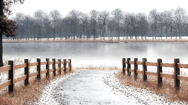 Winter, Wood, atmospheric phenomenon, Snow, Freezing, Mist, Frost, Fence, Morning, Fog, Split-rail fence, Reflection, Precipitation, Ice, Home Fencing, Haze