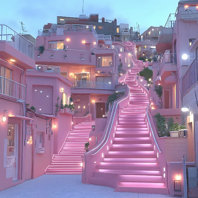 Pink, Balcony, Stairs, Night, Hotel