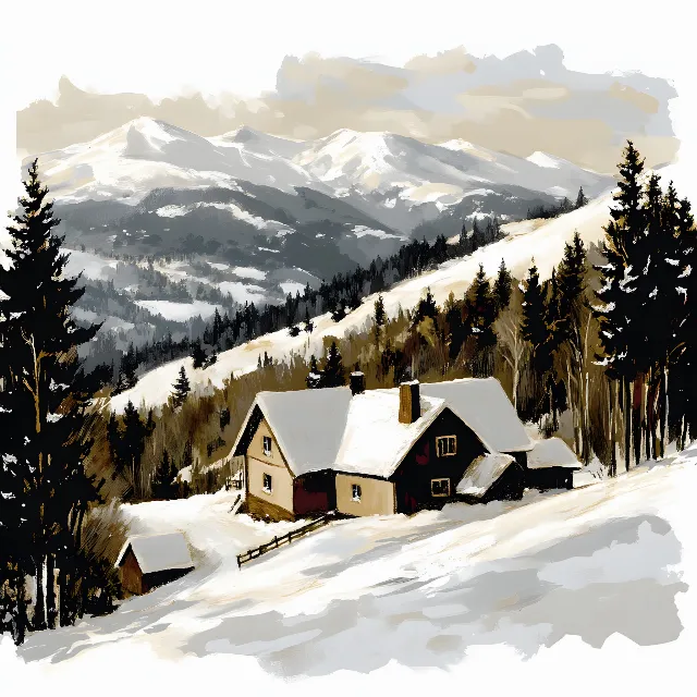 Winter, Snow, House, Cottage, Home, Freezing, Mountain range, Larch, Slope, Hut, Watercolor painting, Glacial landform, Valley, Alps, Village, Log cabin, Mountain Village, Sugar shack, Conifers, Evergreen