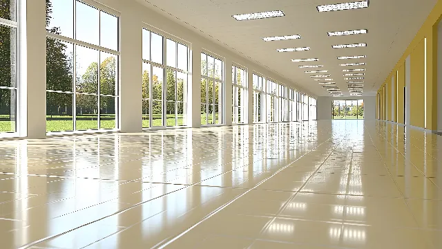 Flooring, Floor, Ceiling, Interior design, Tile Flooring, Composite material, Tile, Hall, Glass, Building material, Daylighting, Cleanliness, Silver, Lobby, Transparency, Marble