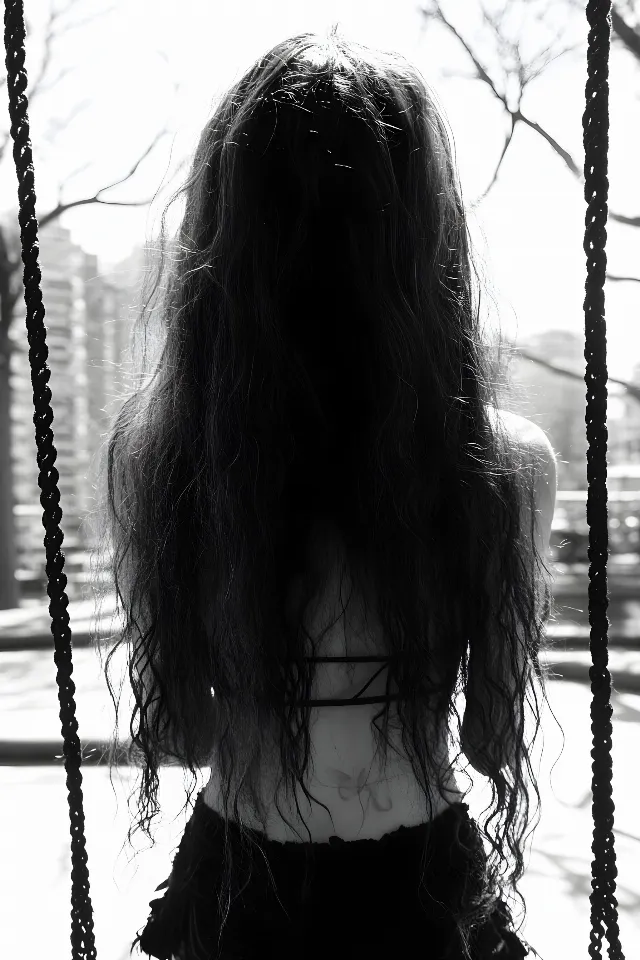 Monochrome photography, Black hair, Long hair, Monochrome, Black and white, Human back, Wind, Rope