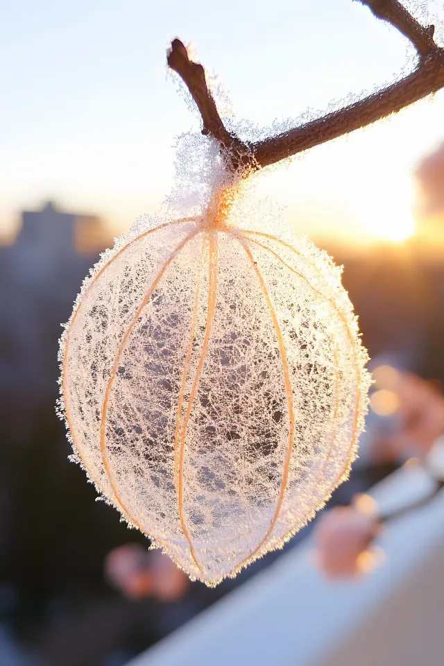 Twig, Natural material, Ornament, Christmas ornament, Winter, Sphere, Macro photography, Frost