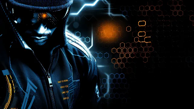 Light, Sleeve, Font, Art, Flash photography, Electric blue, Eyewear, Jacket, Space, Darkness, Fictional character, Graphics, Illustration, Sunglasses, Pattern, Graphic design, Artist