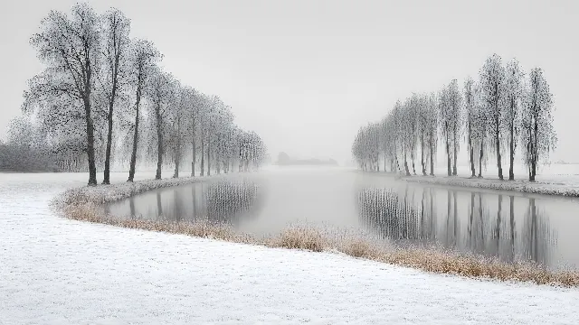 atmospheric phenomenon, Winter, Fog, Reflection, Mist, Monochrome photography, Morning, Freezing, Snow, Twig, Black and white, Monochrome, Haze, Frost, Reservoir, Ice, Precipitation