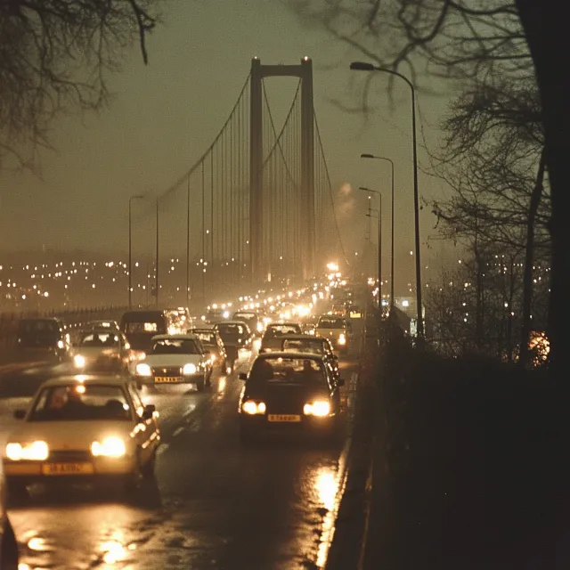 Car, Sky, Vehicle, Atmosphere, Automotive lighting, Street light, Infrastructure, Tree, Water, Road surface, Lighting, Electricity, Dusk, Line, Headlamp, City, Thoroughfare, Cityscape, Midnight, Landmark