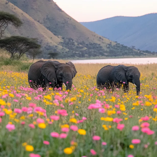 Elephant, Flower, Working animal, African elephant, Indian elephant, Terrestrial animal, Wildlife, Meadow, Wildflower, Safari, Pack animal, National park