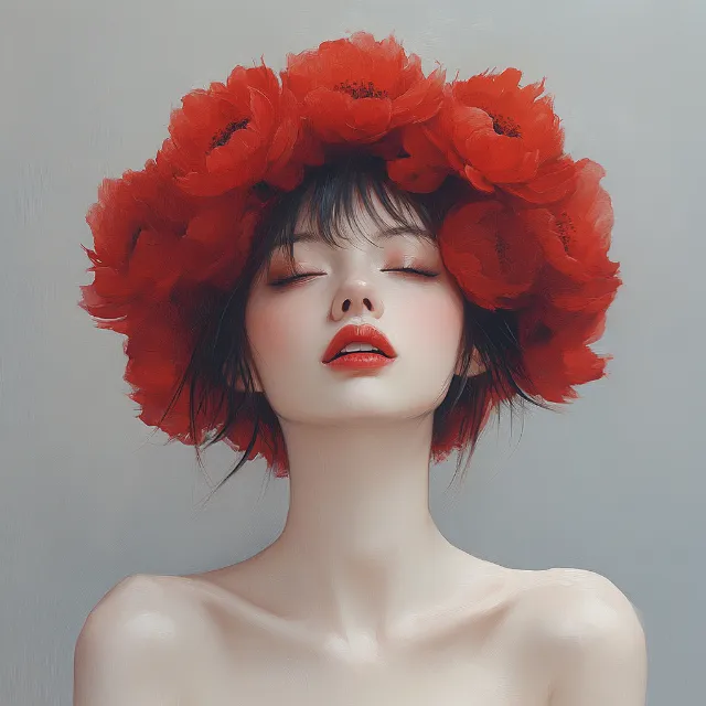 Lips, Red, Eyelash, Beauty, Petal, Wig, Lipstick, Headpiece, Artificial flower, Red hair, Bangs, Portrait, Model, Flesh, Artificial hair integrations, Cut flowers, Rose family, Portrait photography, Toy, Rose