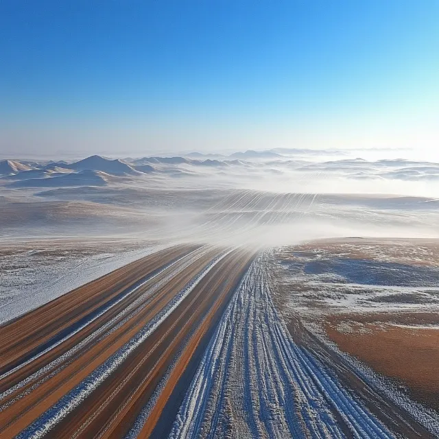 Horizon, Ecoregion, Landscape, Sunlight, Aeolian landform, Desert, Slope, Winter, Sand, Tundra, Wind, Aerial photography