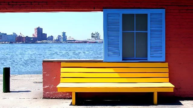 Blue, Red, Yellow, Orange, Outdoor Bench, Composite material, Bench, Wood stain, Outdoor furniture, Paint, Hardwood, Plank