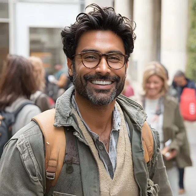 Eyewear, Glasses, Vision Care, Facial hair, Happiness, Smile, Beard, Facial expression, Moustache, Winter, Wrinkle, Portrait photography, Laughter, Scarf