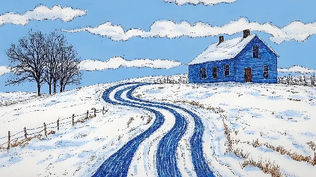 Blue, Snow, Winter, Freezing, Slope, Precipitation, Cottage, Ice, Paint, Frost, Watercolor painting, Sugar shack, Hut, Arctic, Shed