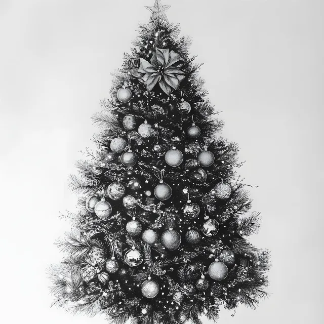 Christmas tree, Christmas ornament, Christmas decoration, Monochrome photography, Ornament, Christmas Day, Woody plant, Black and white, Monochrome, Holiday, Silver, Holiday Ornament, Christmas Eve, Conifers, Virginia pine, Evergreen, Larch, Pine family, Pine, Fir