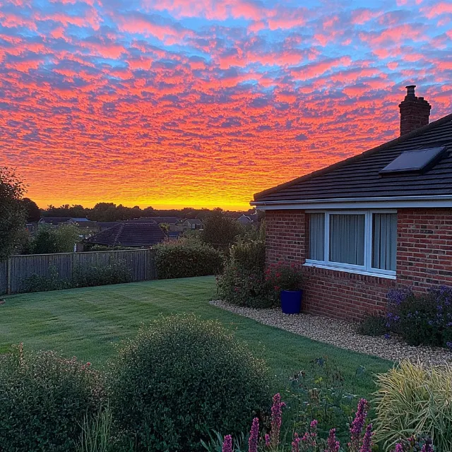 Sky, Plant, Cloud, Atmosphere, Daytime, Building, Window, Nature, Leaf, Natural landscape, Afterglow, Tree, Lighting, House, Dusk, Sunlight, Grass, Sunset, Red sky at morning, Landscape