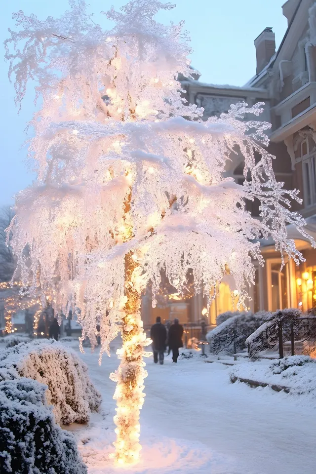 Branch, Winter, Snow, Frost, Twig, Lighting, Freezing, Ice, Winter storm, Precipitation, Natural material, Christmas Day, Night, Pine family, Christmas decoration