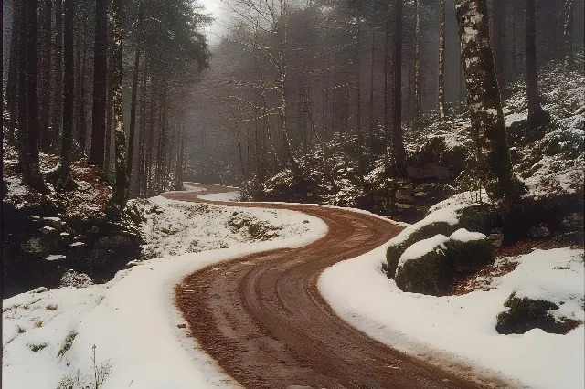 Tree, Nature, Road, Branch, Wood, Forest, Winter, atmospheric phenomenon, Trail, Spruce-fir forests, Wilderness, Trunk, Woodland, Thoroughfare, Dirt road, Snow, Grove, Freezing, Frost, Old-growth forest