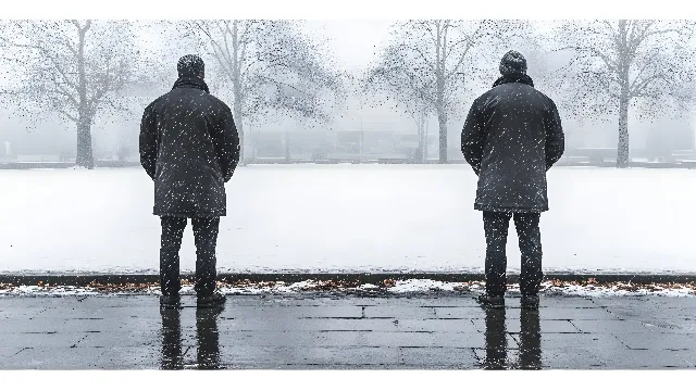 Winter, Standing, Snow, atmospheric phenomenon, Black, Pedestrian, Freezing, Walking, Monochrome, Grey, Black and white, Precipitation, Winter storm, Fog, Mist, Holding hands, Blizzard, Ice, Haze, Shadow