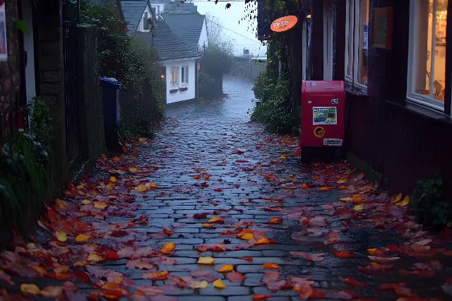 Road surface, Alley, Road, Street, Cobblestone, Sidewalk, Walkway, Driveway, Flagstone, Path, Evening, Autumn