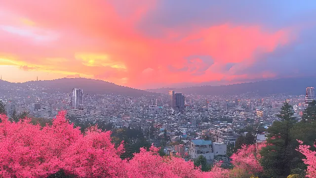 Red, City, Dusk, Afterglow, Landscape, Metropolitan area, Pink, Red sky at morning, Evening, Morning, Sunset, Sunrise, High-rise building, Cityscape, Meteorological phenomenon, Skyline, Blossom, Dawn