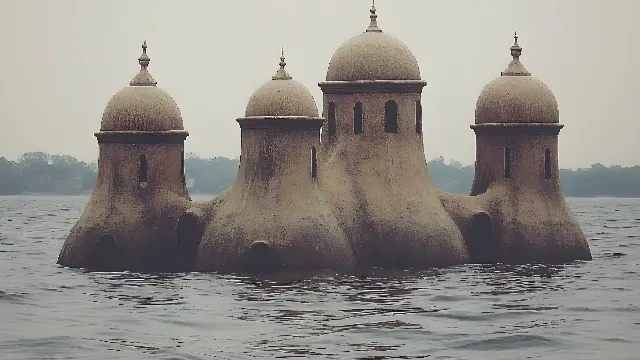 Water, Sky, Liquid, Building, Symmetry, Calm, Landscape, Mist, Facade, Stock photography, Finial, Roof, Turret, Historic site, Dome, Horizon, Concrete, Tourism, Sculpture, Cylinder