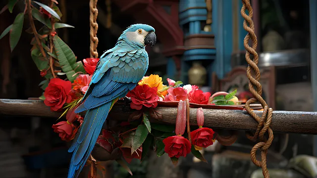 Bird, Macaw, Beak, Plant, Parrot, Feather, Wing, Twig, Parakeet, Natural material, Electric blue, Petal, Event, Wildlife, Flower, Bird supply