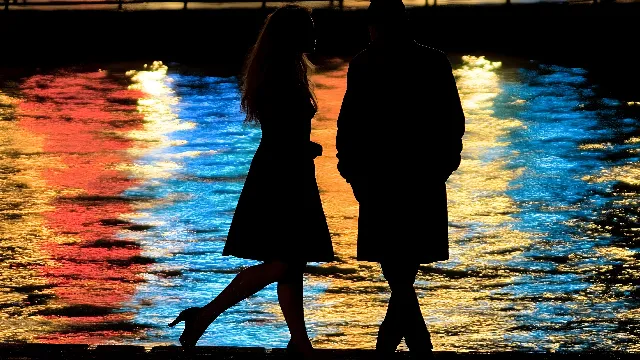 Standing, Romance, Love, Reflection, Night, Evening, People in nature, Holding hands, Honeymoon, Human back, Shadow, Walking, Hug, Walkway, Backlighting, Dusk, Silhouette