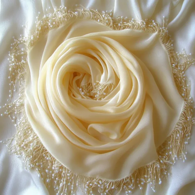 White, Textile, Petal, Silk, Natural material, Linens, Silver, Rose family, Embellishment, Rose, Cut flowers, Satin, Tablecloth