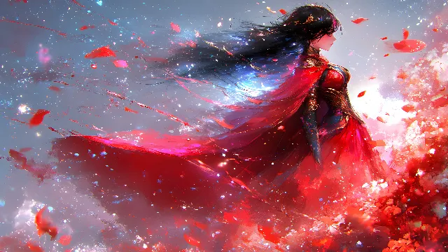 Red, CG artwork, Fictional character, Long hair, Cartoon, Animation, Costume, Star, Anime, Graphics, Fiction, Costume design, Gown, Cloak