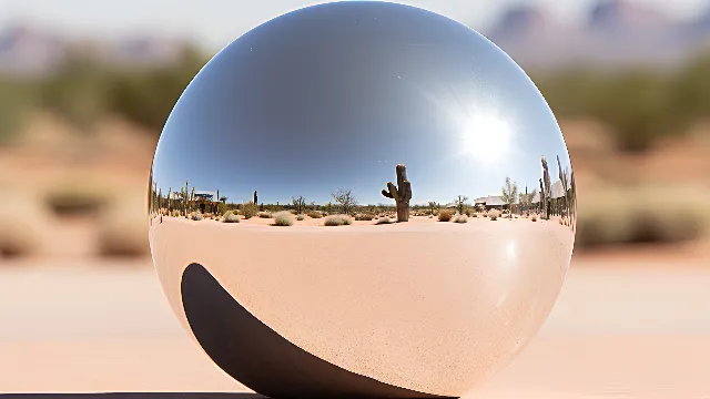 Sky, Daytime, Natural environment, Gesture, Sunlight, Water, Art, Sculpture, Circle, Landscape, Reflection, Horizon, Symmetry, Metal, Ball, Transparent material, Ball, Stock photography, Personal protective equipment