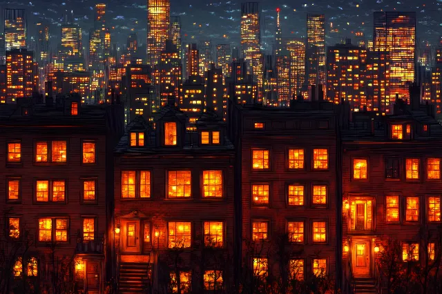 Orange, Metropolitan area, Night, Metropolis, Apartment, Evening, Electricity, High-rise building, Dusk, Condominium, Skyscraper, Midnight, Symmetry, Cityscape, Electrical Supply, Skyline