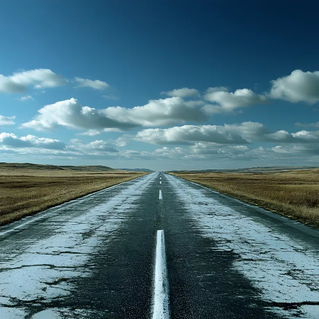 Blue, Road, Horizon, Cloud, Natural landscape, Ecoregion, Highway, Landscape, Plain, Asphalt, Thoroughfare, Cumulus, Controlled-access highway, Lane, Steppe, Prairie, Field, Tar, Meteorological phenomenon, Wind