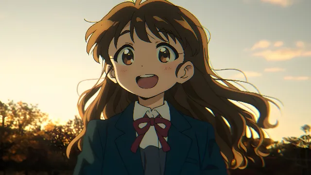 Happiness, Facial expression, Cartoon, Anime, Animated cartoon, CG artwork, Animation, Fictional character, Brown hair, Long hair, Gesture, Fiction, Hime cut