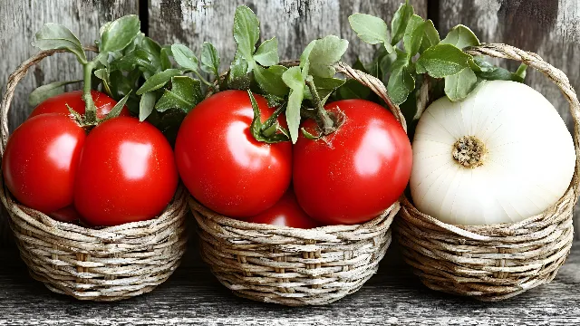 Food, Tomato, Red, Natural foods, Produce, Basket, Bush tomato, Cherry tomato, Fruit, Vegetable, Plum tomato, Ingredient, Nightshade, Food group, Staple food, Wicker, Storage Basket, Polemoniales, Nightshade, Still life photography