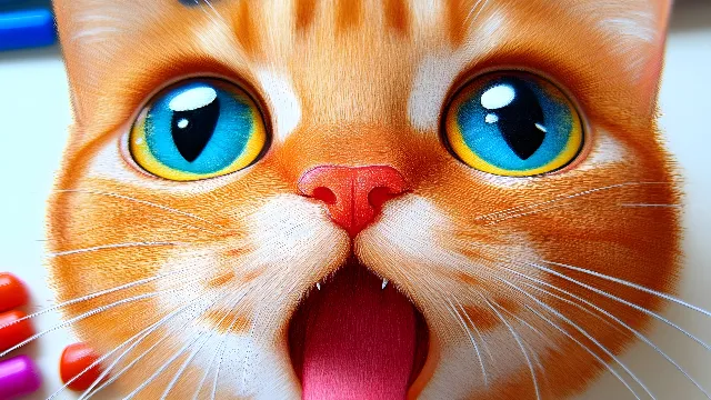 Cat, Facial expression, Whiskers, Felidae, Felinae, Snout, Carnivores, Kitten, Animated cartoon, Fur, Graphics, Animation, Happiness, Tongue