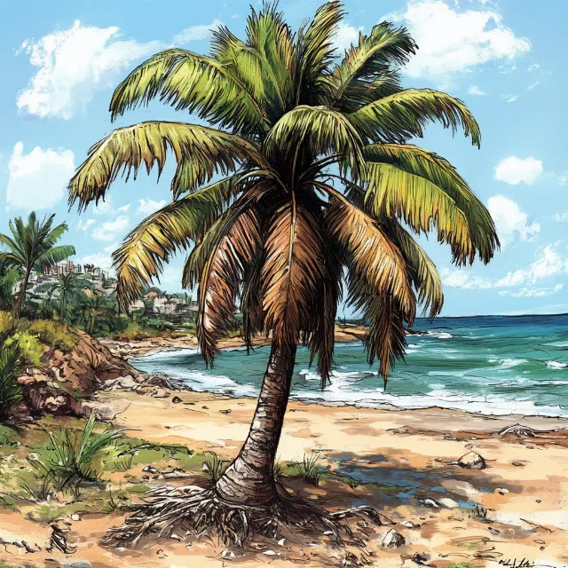 Tree, Woody plant, Palm trees, Tropics, Coconut, Beach, Caribbean, Babassu, Watercolor painting, Royal palms, Cycad