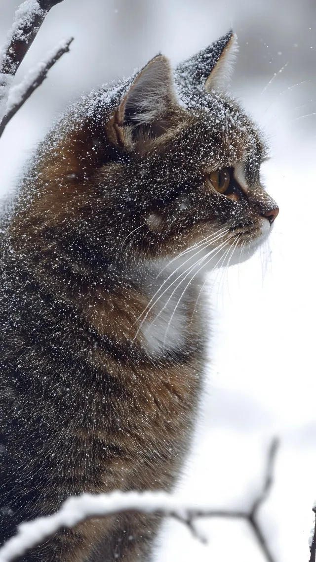 Cat, Felidae, Felinae, Snow, Whiskers, Winter, Carnivores, Snout, Fur, Twig, Freezing, Frost, Precipitation, Tail, Domestic short-haired cat, Ice