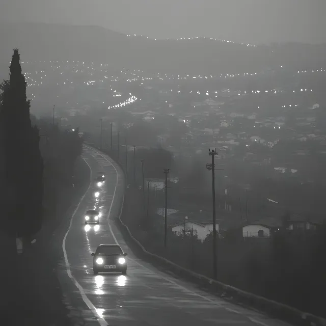 Road, Road surface, atmospheric phenomenon, Highway, Monochrome photography, Black, Asphalt, Controlled-access highway, Street, Darkness, Thoroughfare, Electricity, Black and white, Haze, Mist, Evening, Monochrome, Street light, Fog, Lane