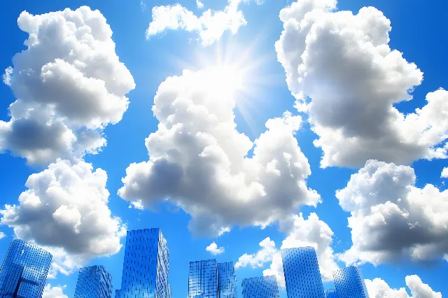 Sky, Blue, Cloud, Daytime, Cumulus, High-rise building, Skyscraper, Meteorological phenomenon, Commercial building, Sunlight, Metropolis, Condominium, Symmetry, Headquarters, Corporate headquarters