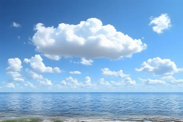 Cloud, Sky, Blue, Cumulus, Daytime, Horizon, Fluid, Sea, Liquid, Meteorological phenomenon, Ocean, Sunlight, Wind wave, Tropics, Beach, Wind, Sound, Wave