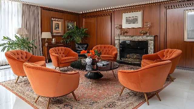 Brown, Furniture, Plant, Wood, Comfort, Living room, Couch, Orange, Houseplant, Flooring, Floor, Interior design, Table, Flowerpot, Chair, Wall, Hardwood, Armrest, Real estate, Picture frame