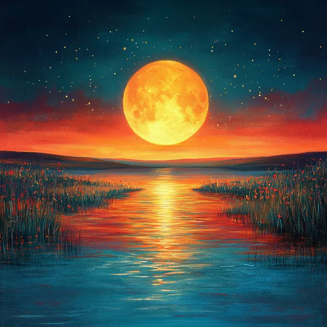 Astronomical object, Moon, Orange, Sunset, Afterglow, Sunrise, Sun, Red sky at morning, Dusk, Evening, Celestial event, Reflection, Ocean, Full moon, Moonlight, Dawn, Astronomy, Paint, Meteorological phenomenon, Acrylic paint