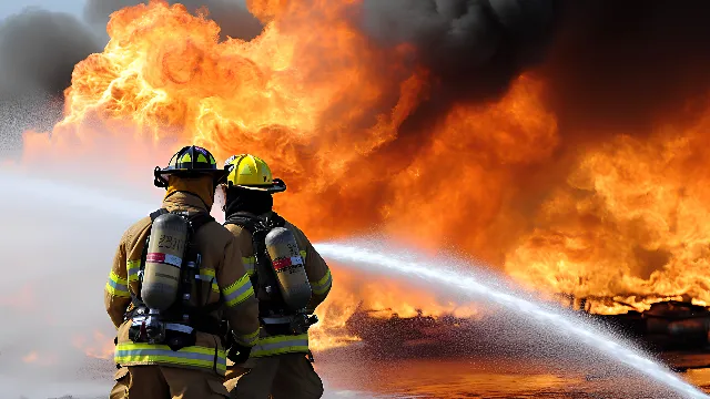 Workwear, Helmet, Hard hat, Fire, Water, Hazard, High-visibility clothing, Firefighter, Fire department, Pollution, Smoke, Gas, Geological phenomenon, Heat, Service, Sky, Flame, Personal protective equipment, Event, Blue-collar worker