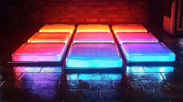 Light, Purple, Rectangle, Pink, Magenta, Visual effect lighting, Gas, Tints and shades, Glass, Electric blue, Symmetry, Neon, Flooring, Darkness, Automotive lighting, Art, Event, Font, Stool, Carmine