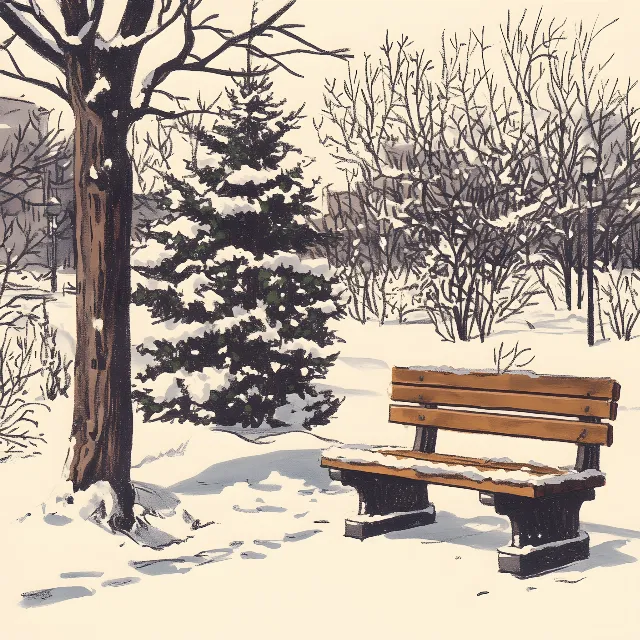 Outdoor Bench, Branch, Winter, Snow, Bench, Outdoor furniture, Furniture, Twig, Trunk, Freezing, Woody plant, Precipitation, Street furniture, Winter storm, Pine family