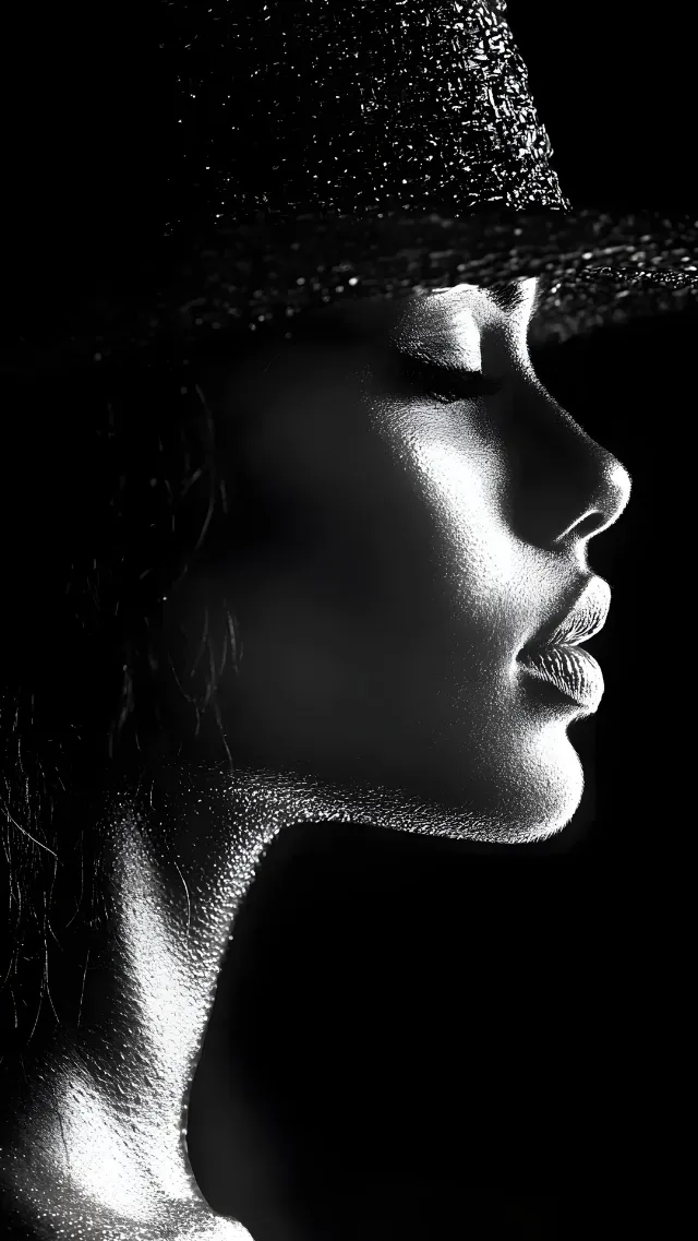 Lips, Hat, Eyelash, Beauty, Headgear, Facial expression, Monochrome photography, Sun hat, Black hair, Black, Portrait photography, Black and white, Monochrome, Fedora, Portrait, Silver, Fashion Model, Model, Costume Hat, Photo shoot